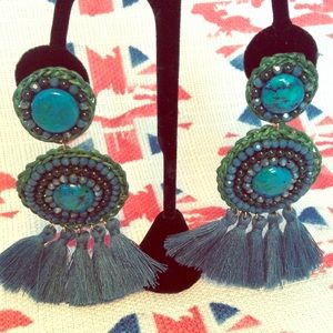 Turquoise Stone, Glass Bead, Silk Tassel Earring